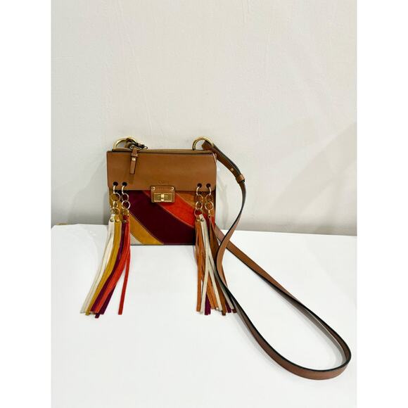Chloe Jane Caramel Calfskin Suede Fringe Rainbow Patchwork Crossbody Satchel Bag - Picture 5 of 7